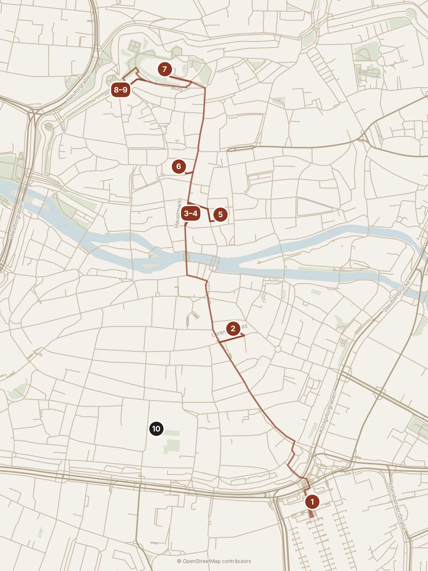 Map of Nuremberg, day one and day two: stops 1–10, numbered in walking order.