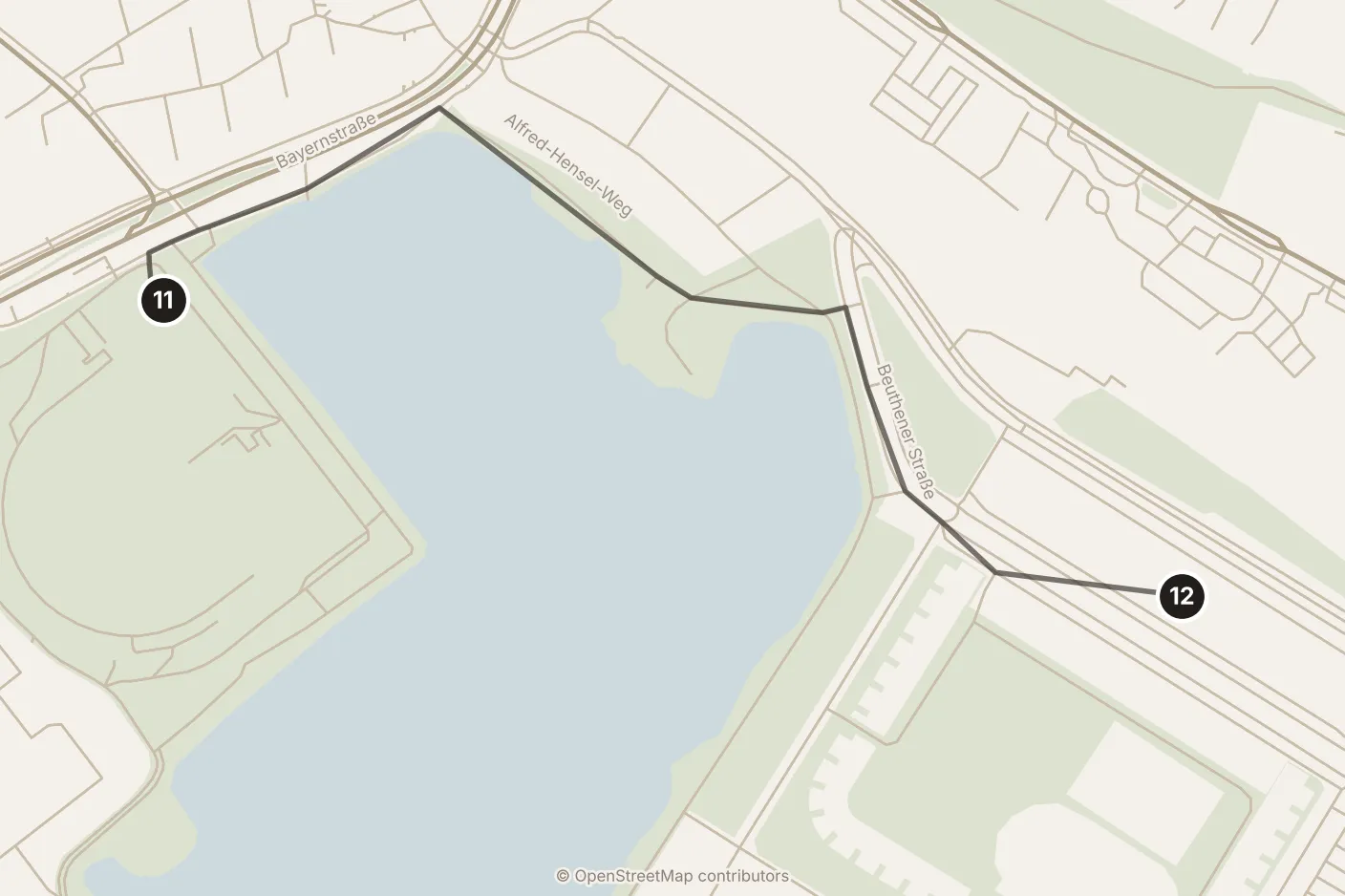 Map of Nuremberg, afternoon: stops 11–12, numbered in walking order.
