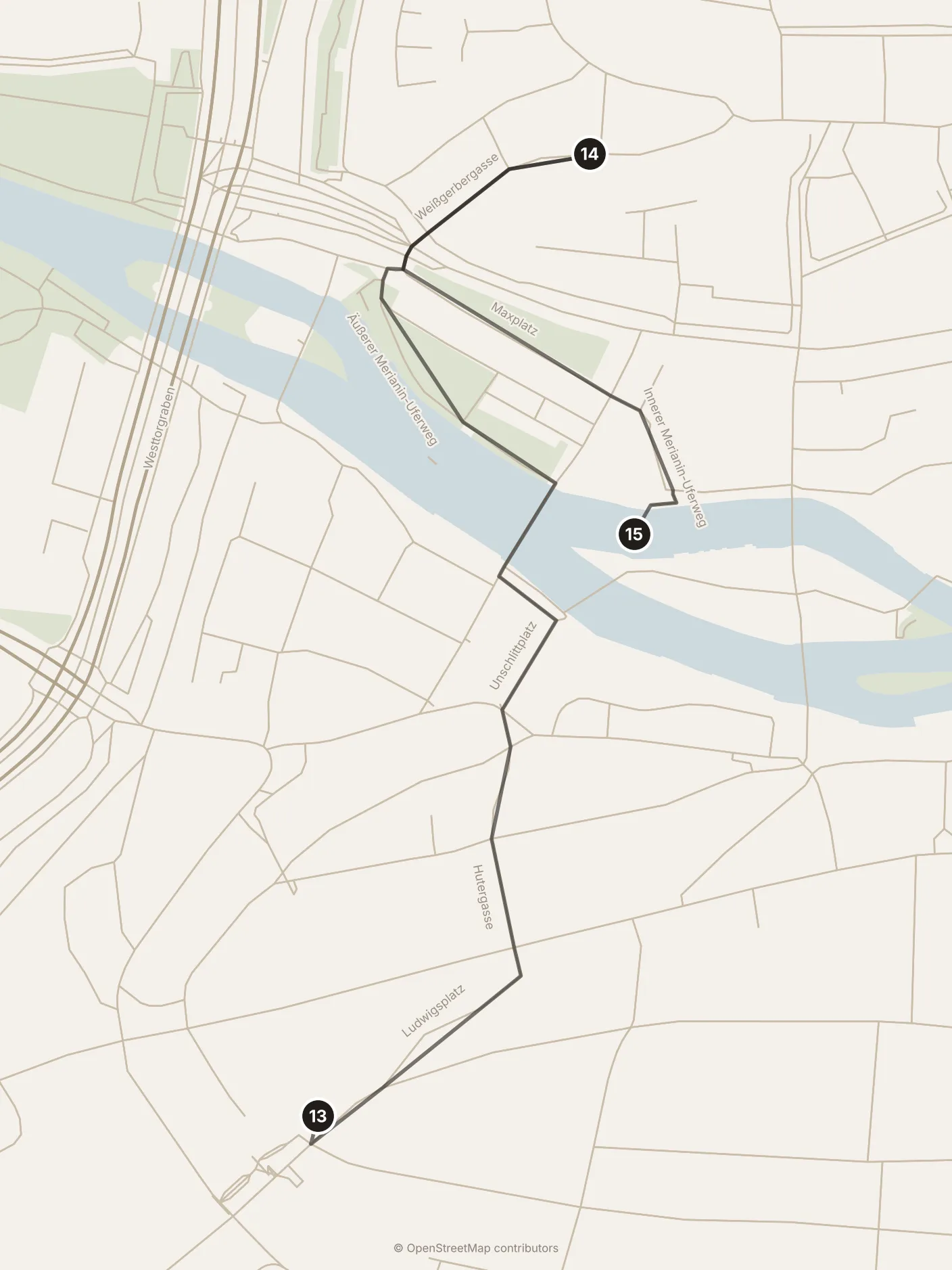 Map of Nuremberg, evening: stops 13–15, numbered in walking order.