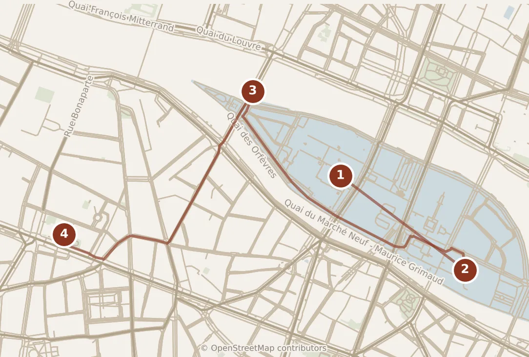 Map of Paris, morning: stops 1–4, numbered in walking order.