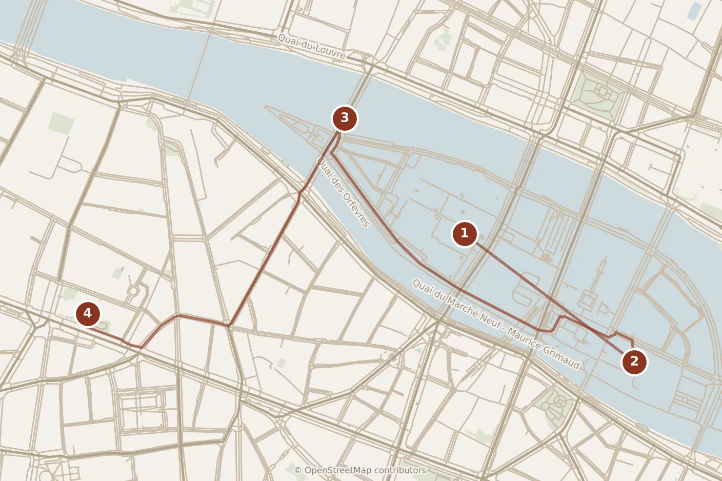 Map of Paris, morning: stops 1–4, numbered in walking order.