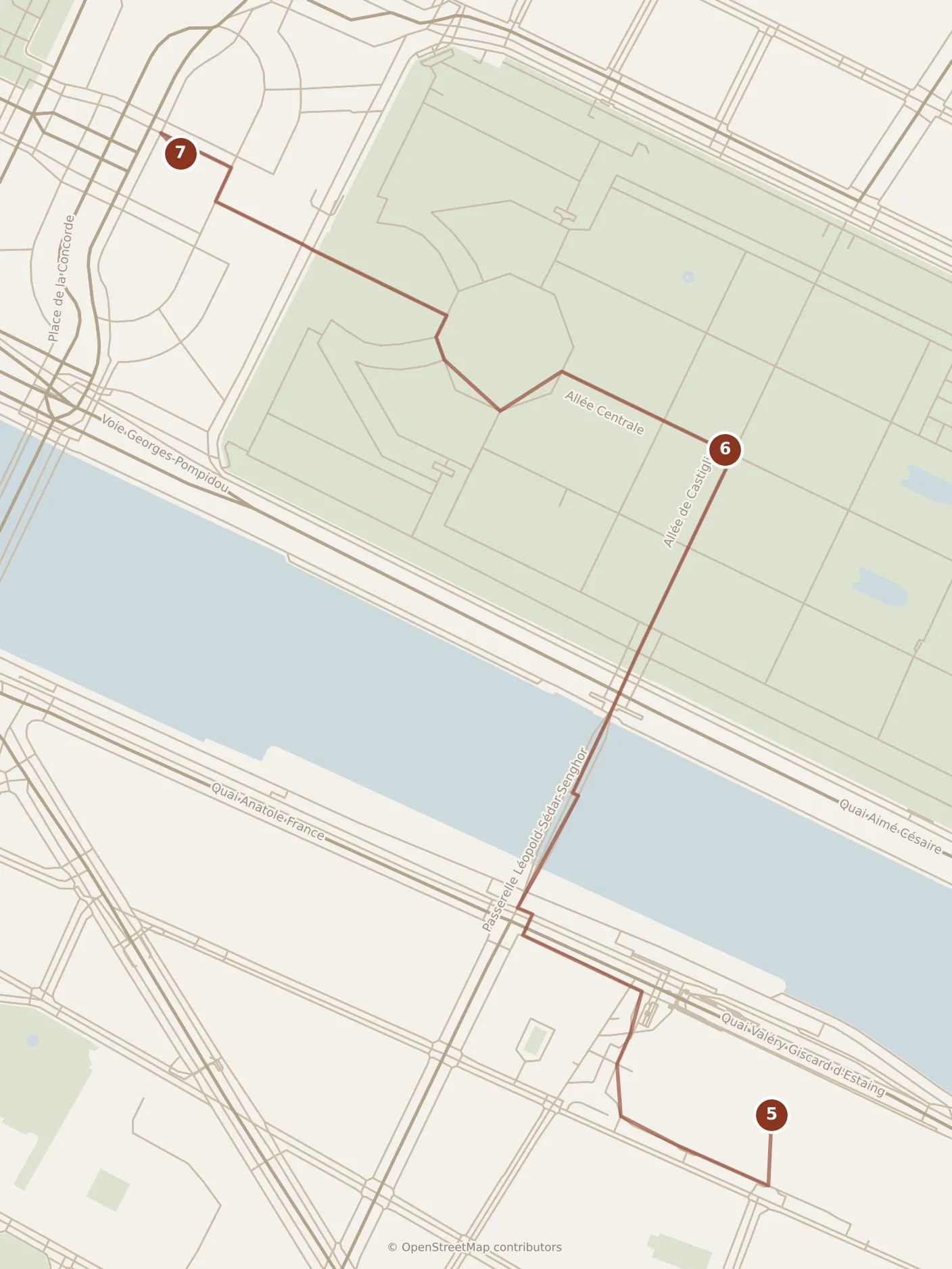 Map of Paris, afternoon: stops 5–7, numbered in walking order.