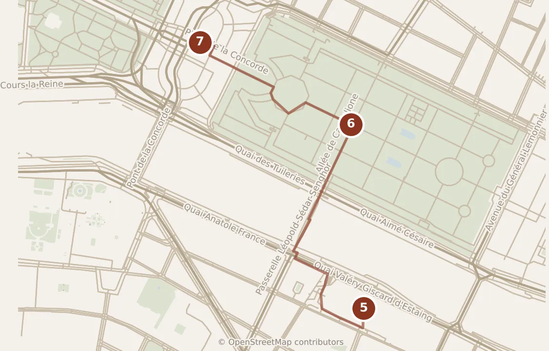 Map of Paris, afternoon: stops 5–7, numbered in walking order.