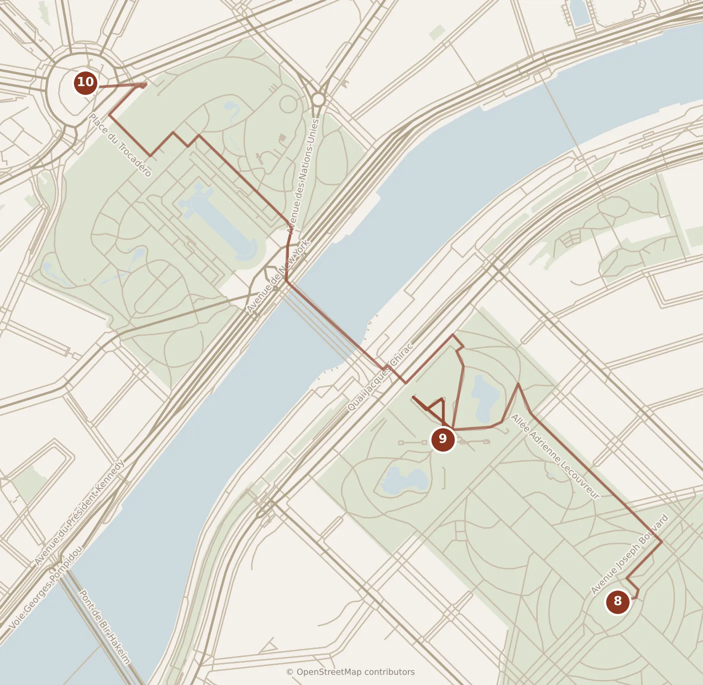 Map of Paris, evening: stops 8–10, numbered in walking order.