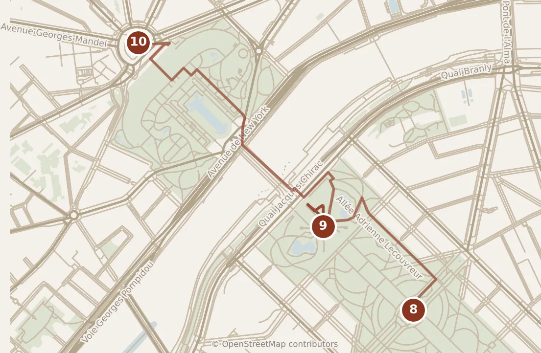 Map of Paris, evening: stops 8–10, numbered in walking order.