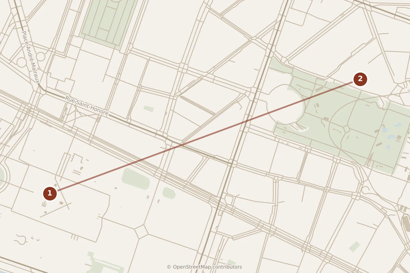 Map of Paris, morning: stop 1, numbered in walking order.