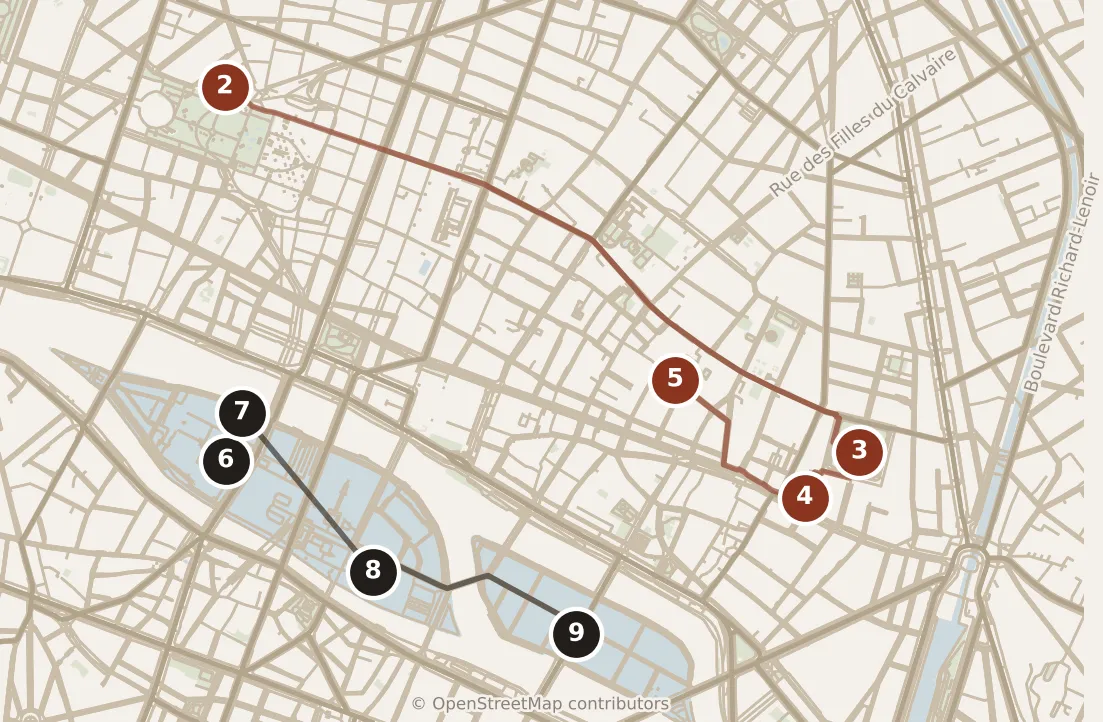 Map of Paris, day one and day two: stops 2–9, numbered in walking order.