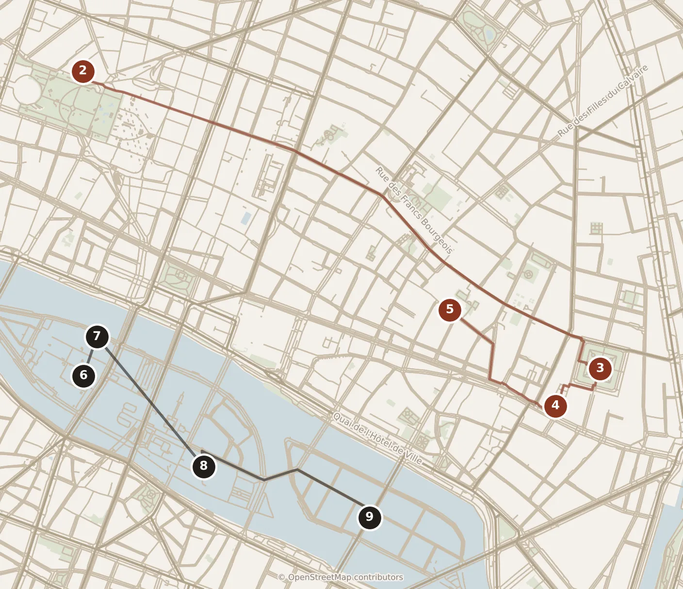 Map of Paris, day one and day two: stops 2–9, numbered in walking order.