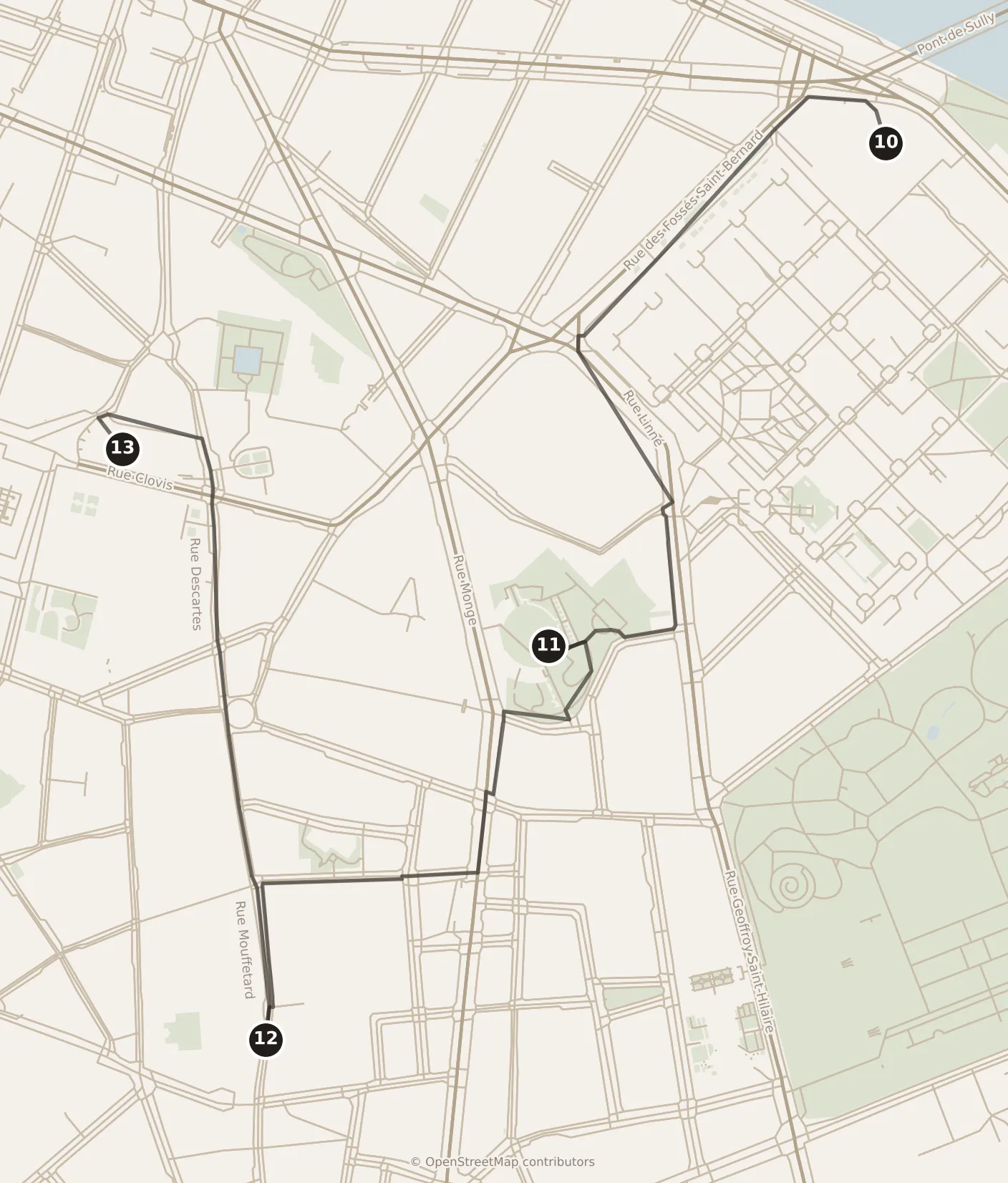 Map of Paris, afternoon: stops 10–13, numbered in walking order.