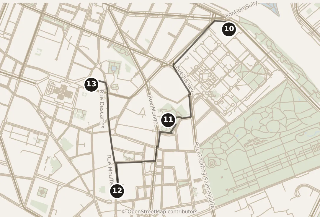 Map of Paris, afternoon: stops 10–13, numbered in walking order.
