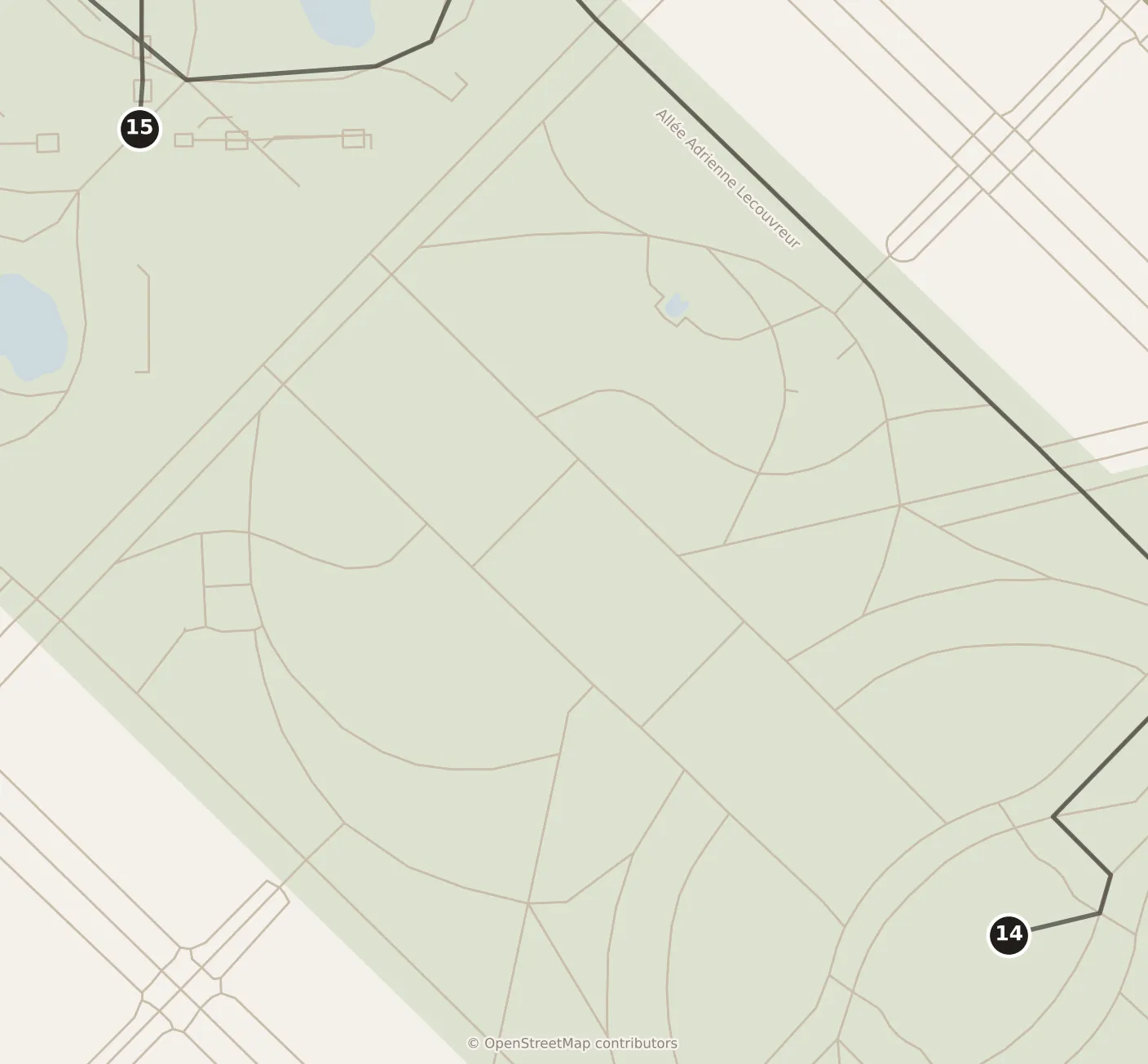Map of Paris, evening: stops 14–15, numbered in walking order.