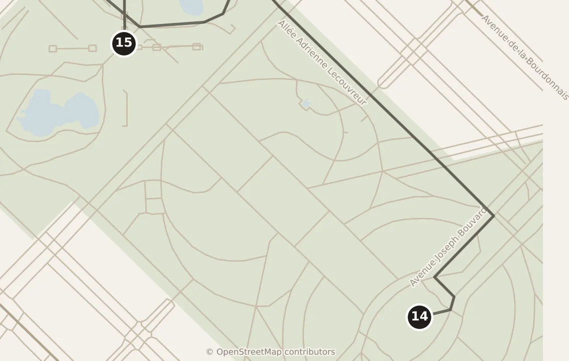 Map of Paris, evening: stops 14–15, numbered in walking order.