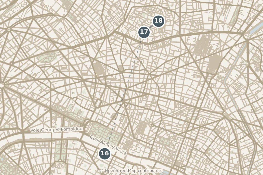 Map of Paris, with a third day: stops 16–18, numbered in walking order.