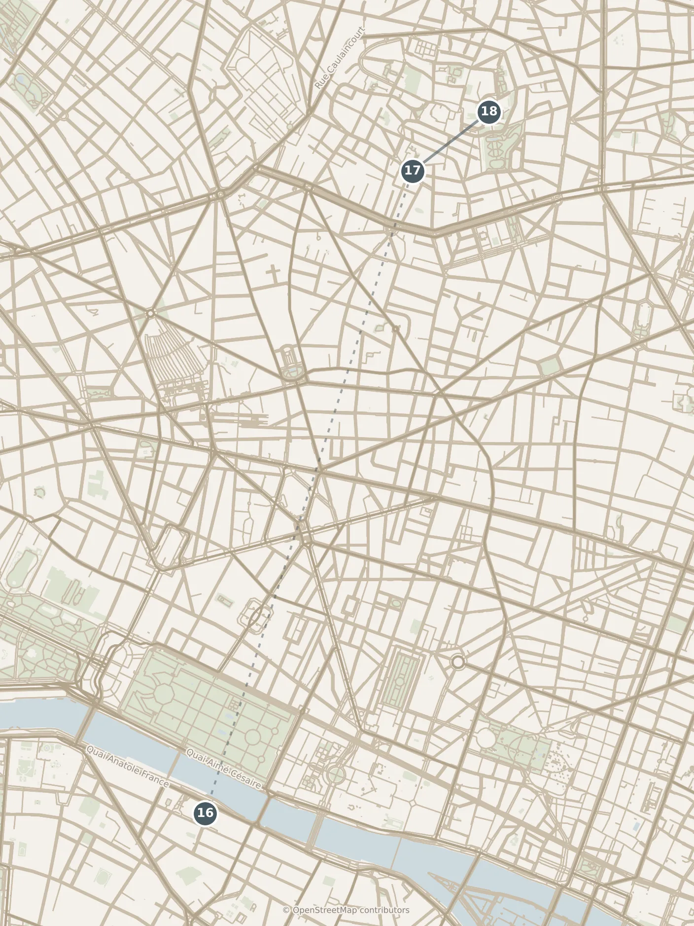 Map of Paris, with a third day: stops 16–18, numbered in walking order.
