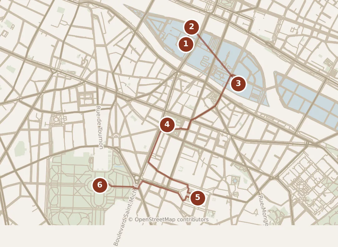 Map of Paris, day one: stops 1–6, numbered in walking order.