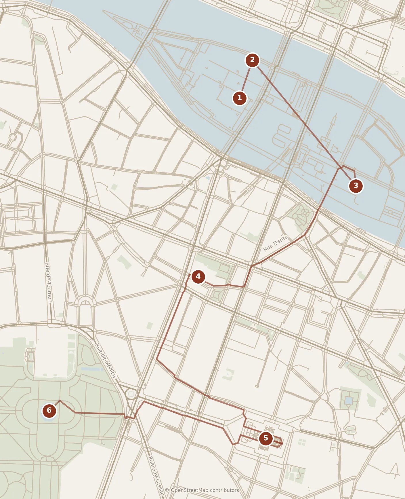 Map of Paris, day one: stops 1–6, numbered in walking order.