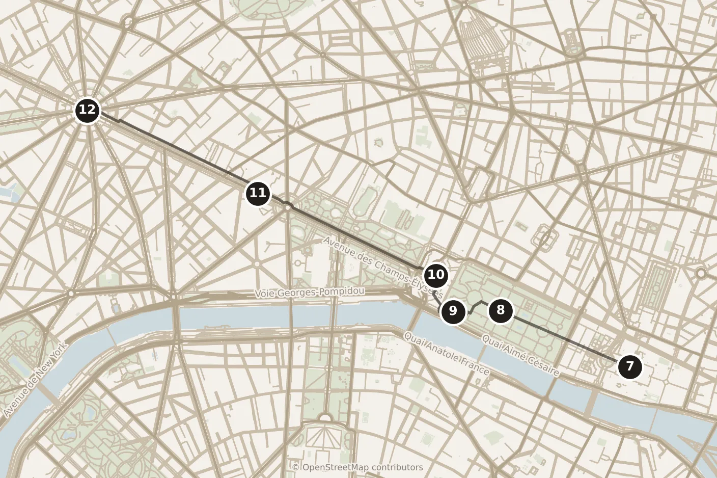 Map of Paris, day two: stops 7–12, numbered in walking order.