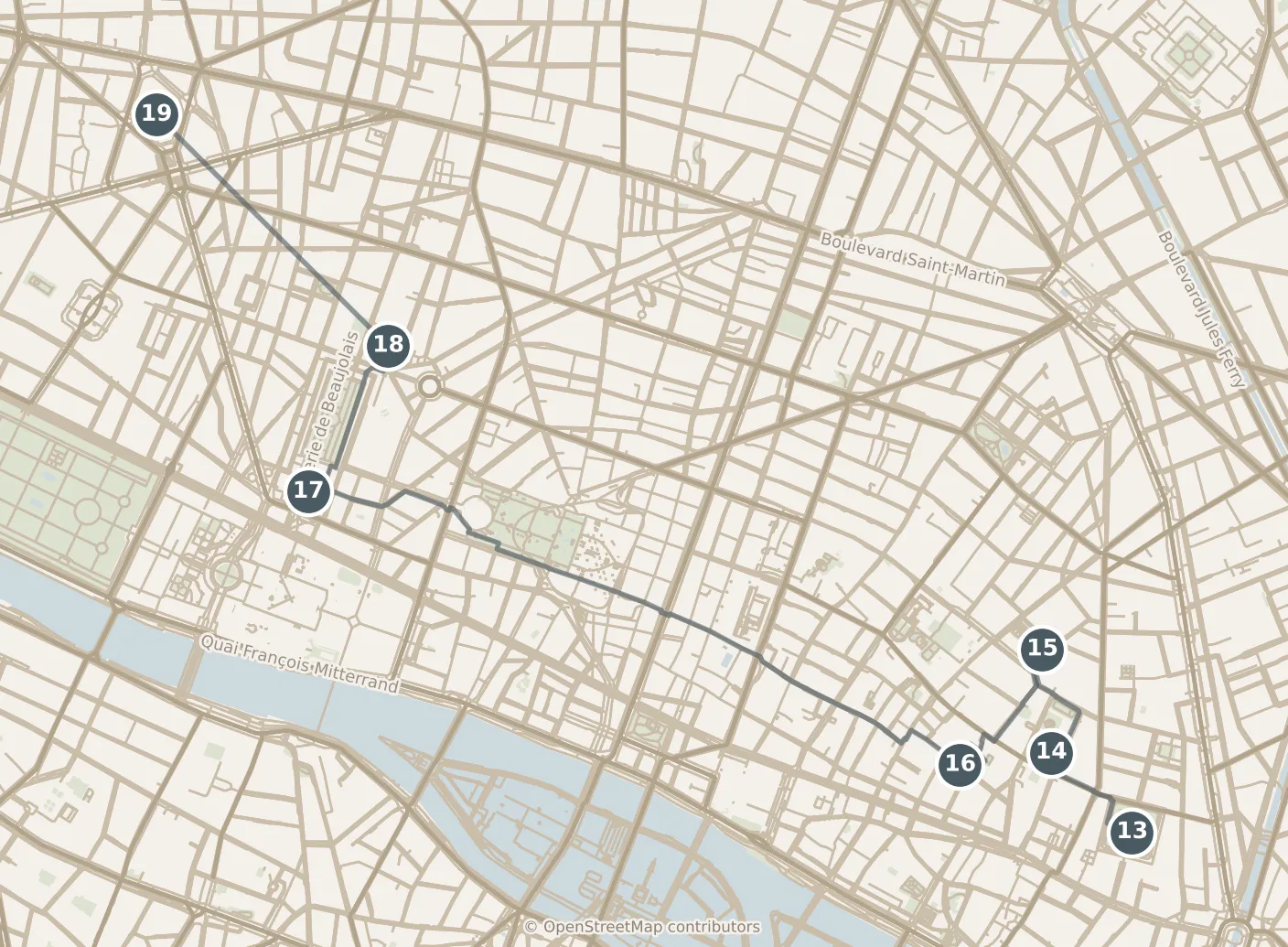 Map of Paris, day three: stops 13–19, numbered in walking order.