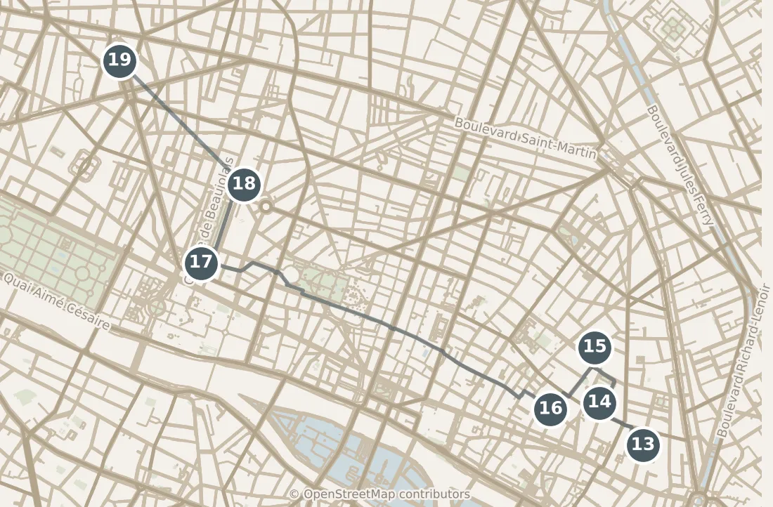 Map of Paris, day three: stops 13–19, numbered in walking order.