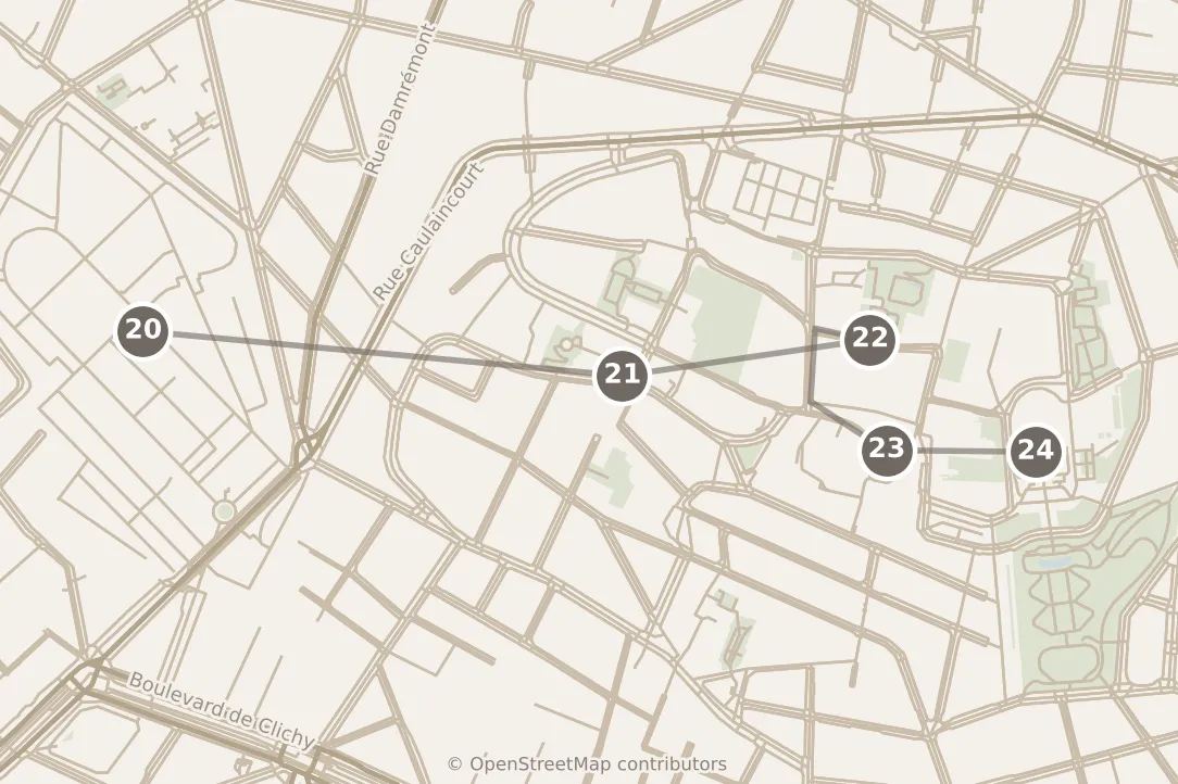 Map of Paris, day four: stops 20–24, numbered in walking order.