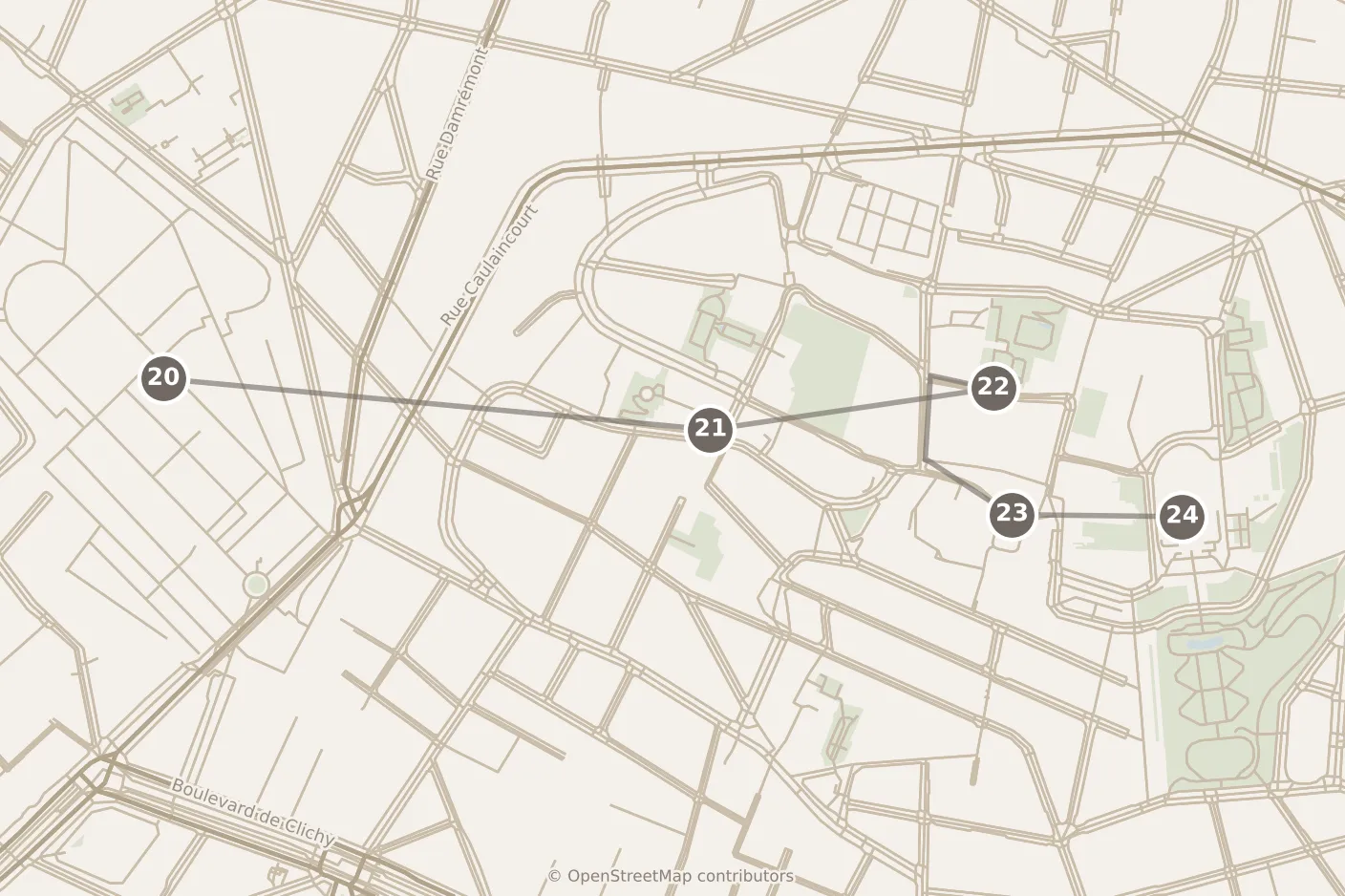 Map of Paris, day four: stops 20–24, numbered in walking order.