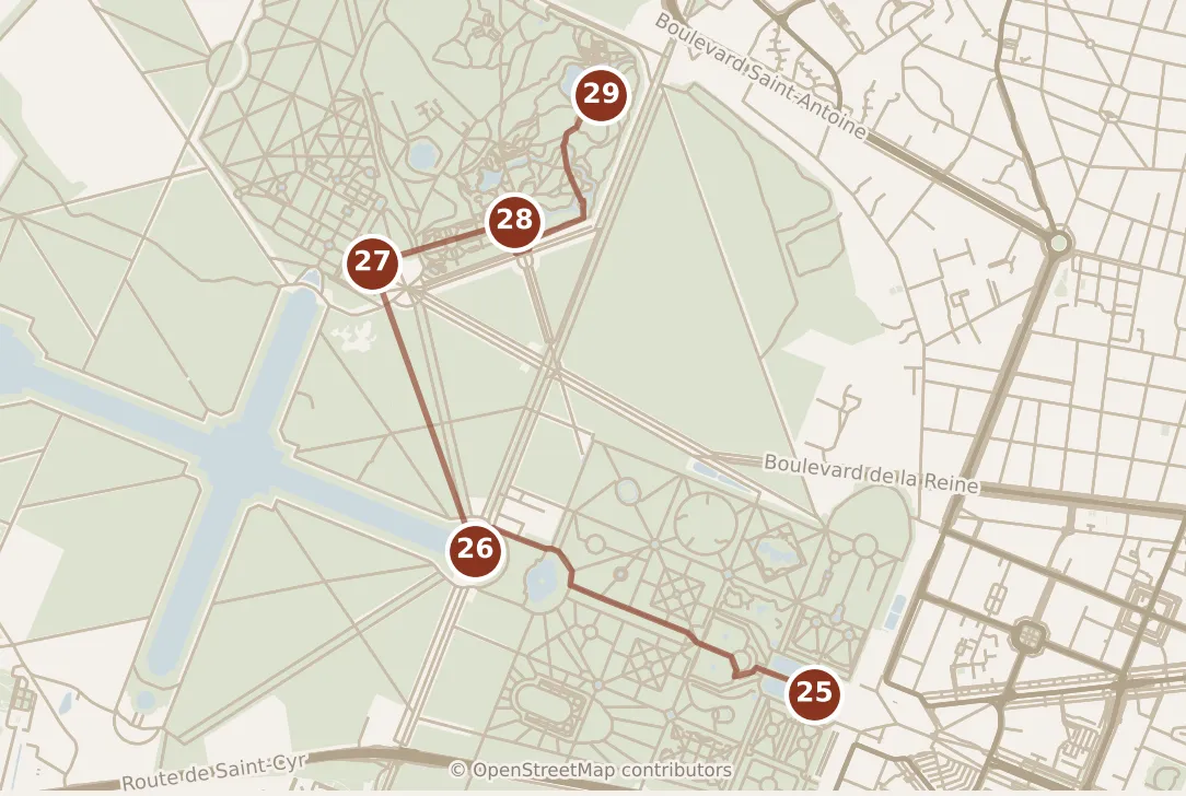Map of Paris, day five: stops 25–29, numbered in walking order.