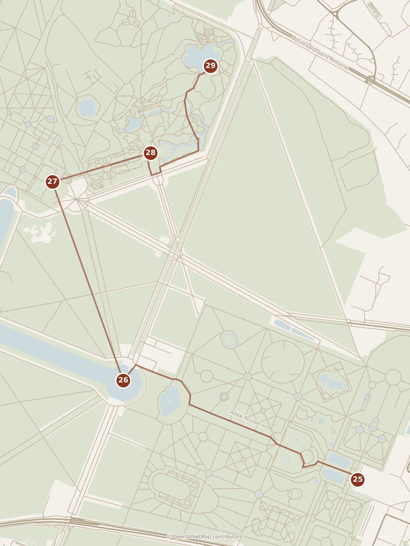 Map of Paris, day five: stops 25–29, numbered in walking order.