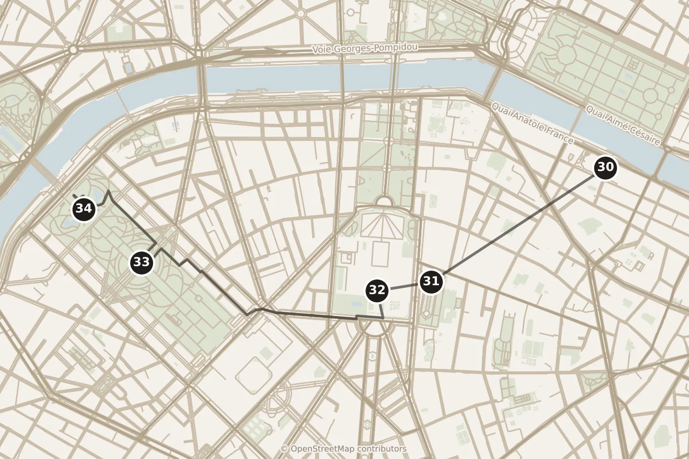 Map of Paris, day six: stops 30–34, numbered in walking order.