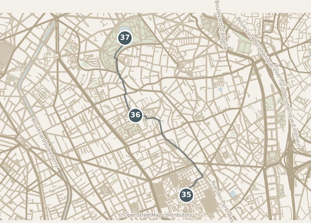 Map of Paris, day seven: stops 35–37, numbered in walking order.