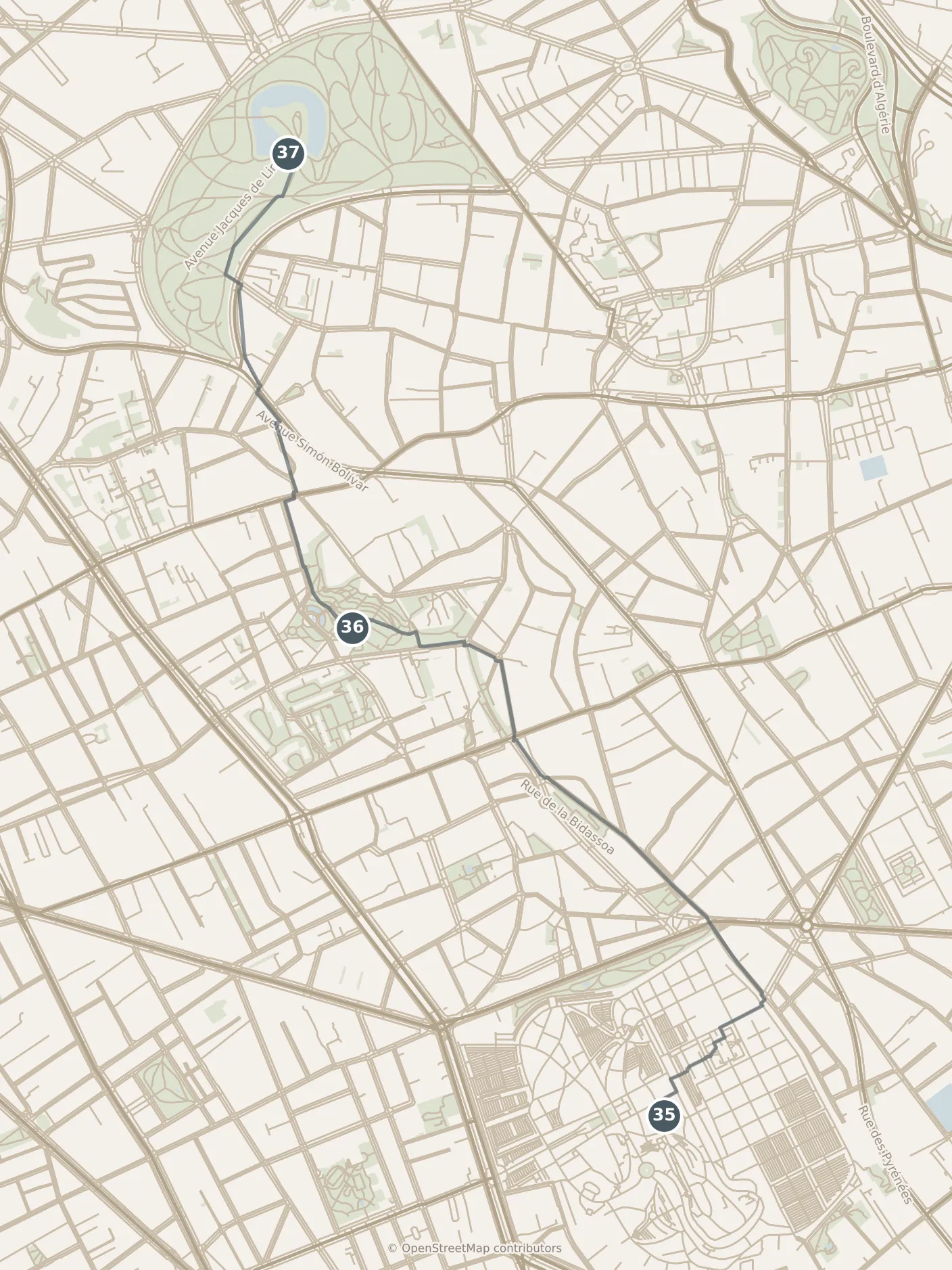 Map of Paris, day seven: stops 35–37, numbered in walking order.