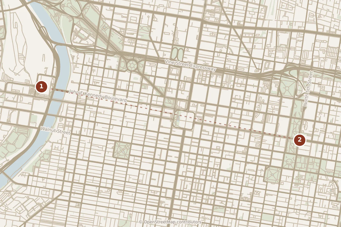 Map of Philadelphia, morning: stop 1, numbered in walking order.
