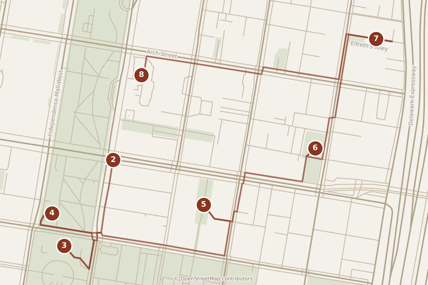 Map of Philadelphia, morning: stops 2–8, numbered in walking order.