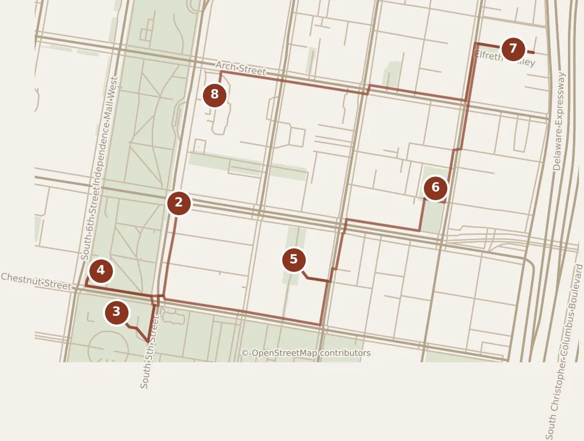 Map of Philadelphia, morning: stops 2–8, numbered in walking order.