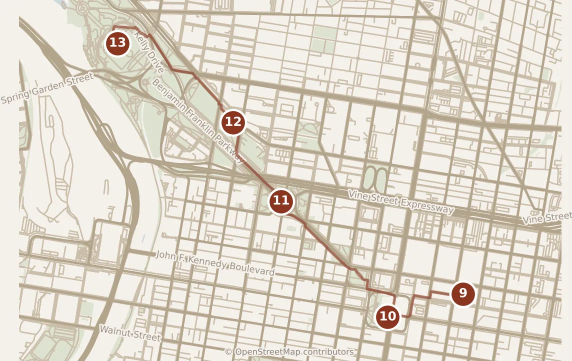 Map of Philadelphia, afternoon: stops 9–13, numbered in walking order.