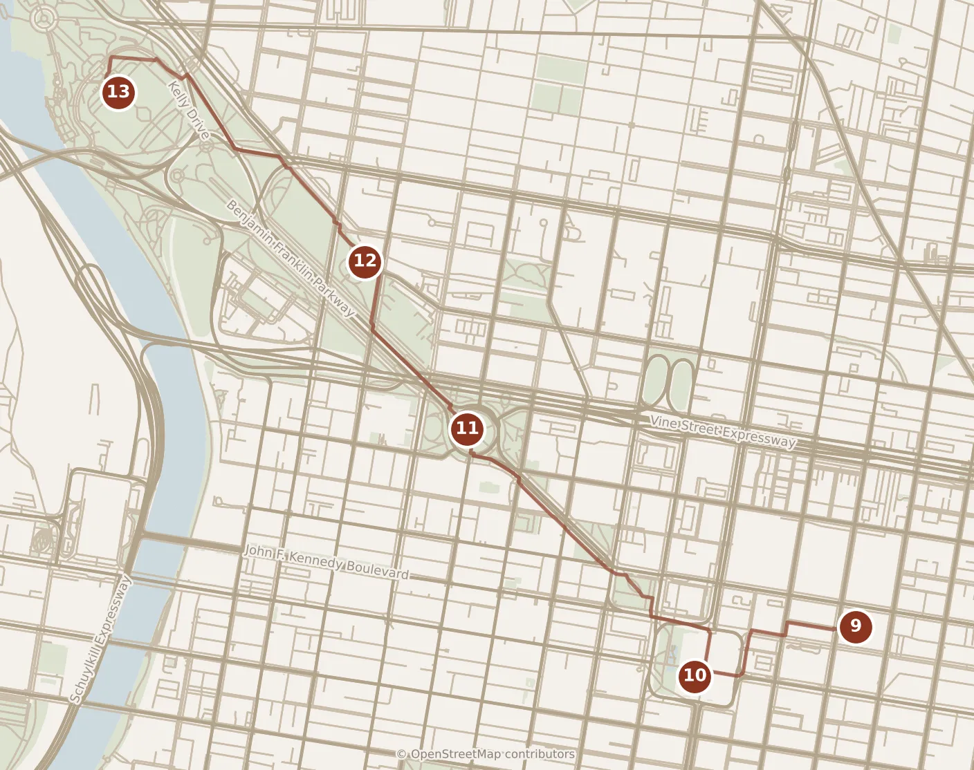 Map of Philadelphia, afternoon: stops 9–13, numbered in walking order.