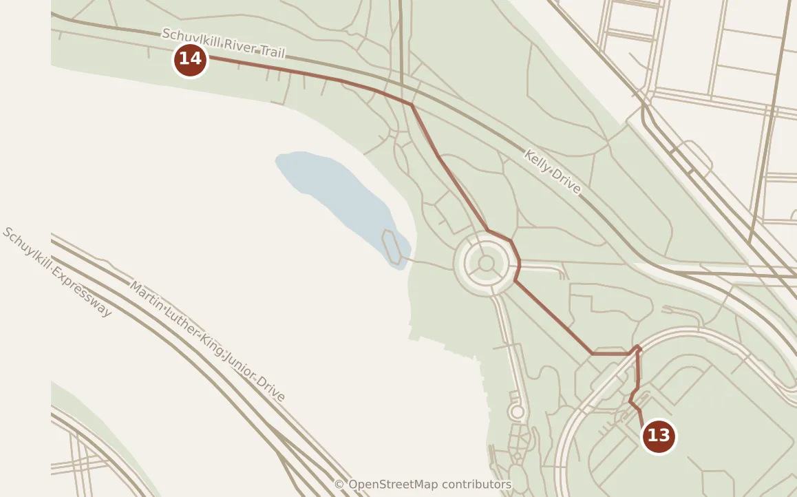 Map of Philadelphia, evening: stop 14, numbered in walking order.