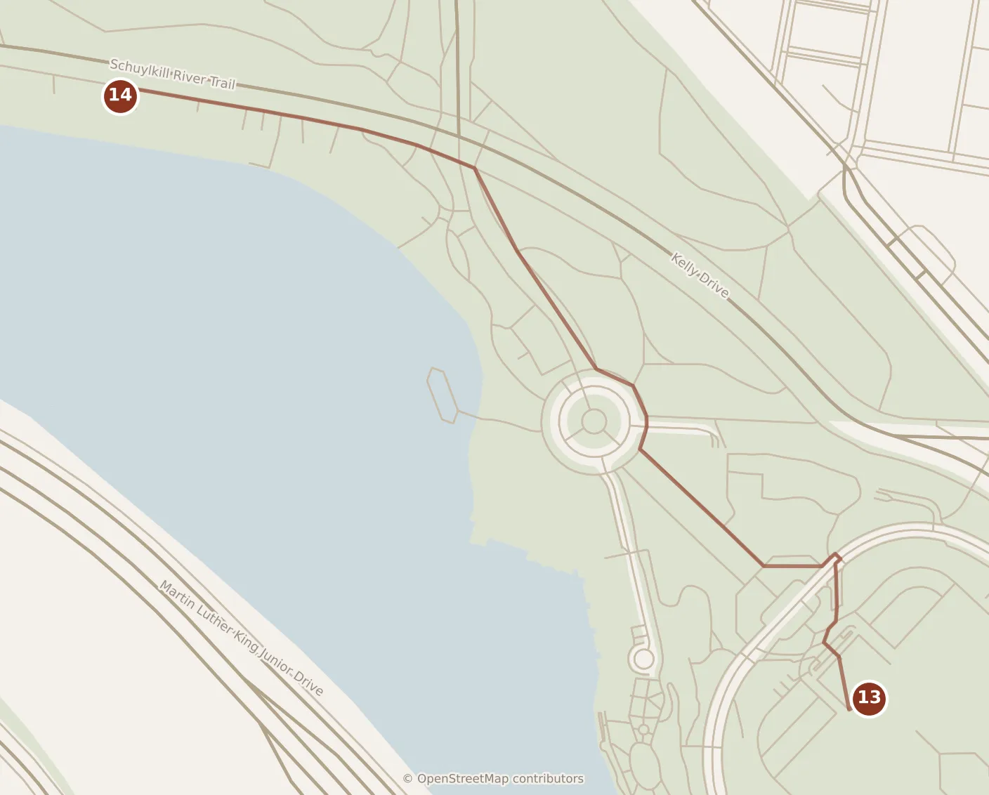 Map of Philadelphia, evening: stop 14, numbered in walking order.