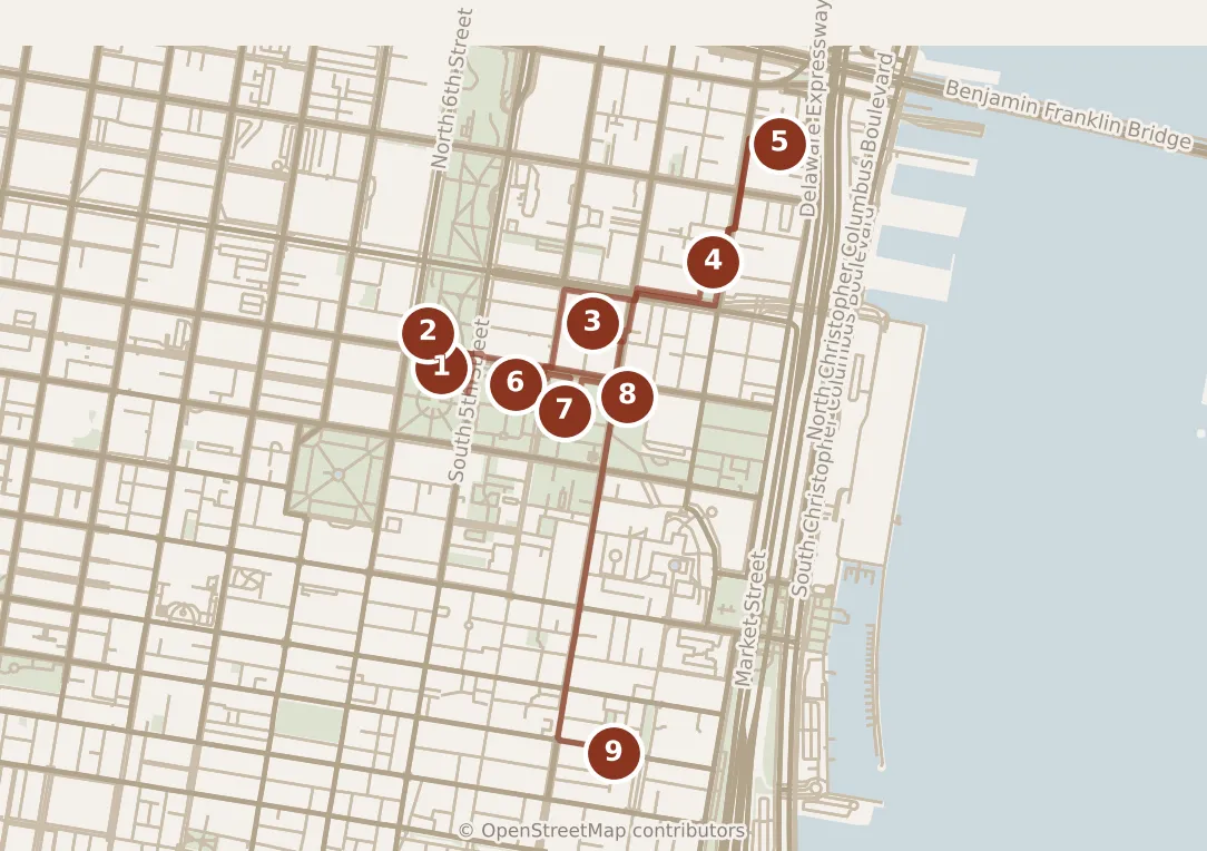 Map of Philadelphia, day one: stops 1–9, numbered in walking order.