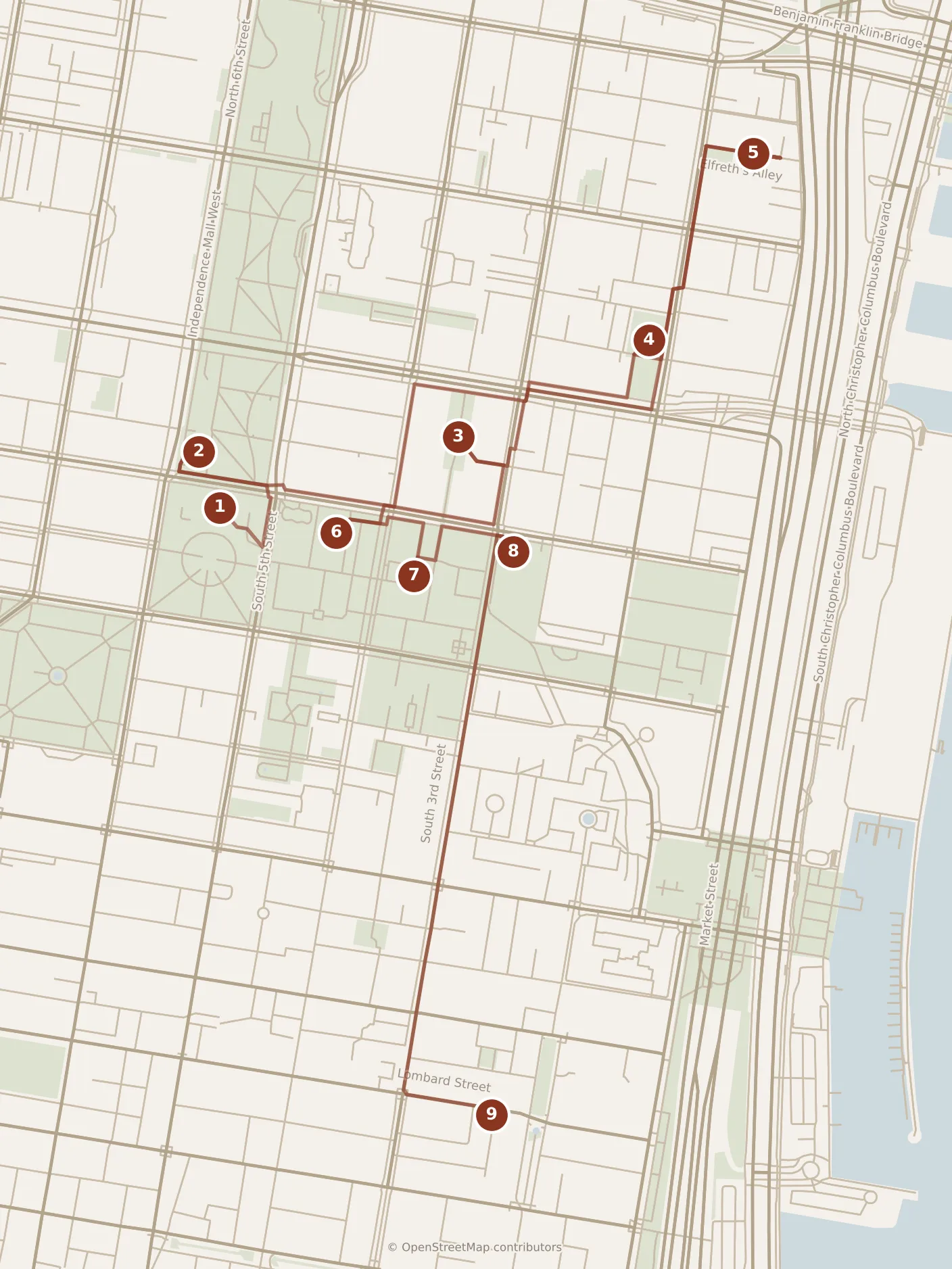 Map of Philadelphia, day one: stops 1–9, numbered in walking order.