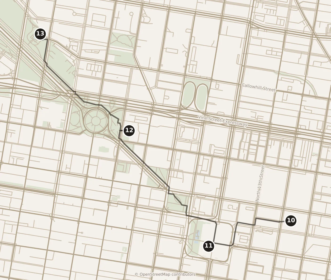 Map of Philadelphia, morning: stops 10–13, numbered in walking order.