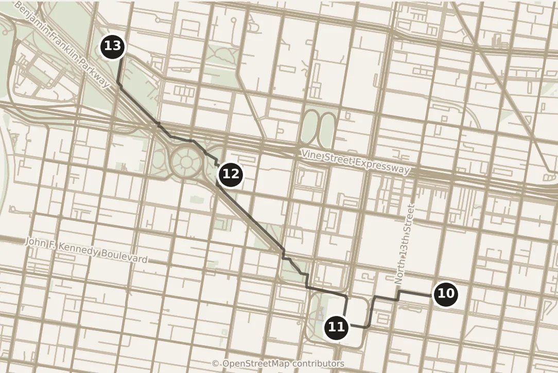 Map of Philadelphia, morning: stops 10–13, numbered in walking order.