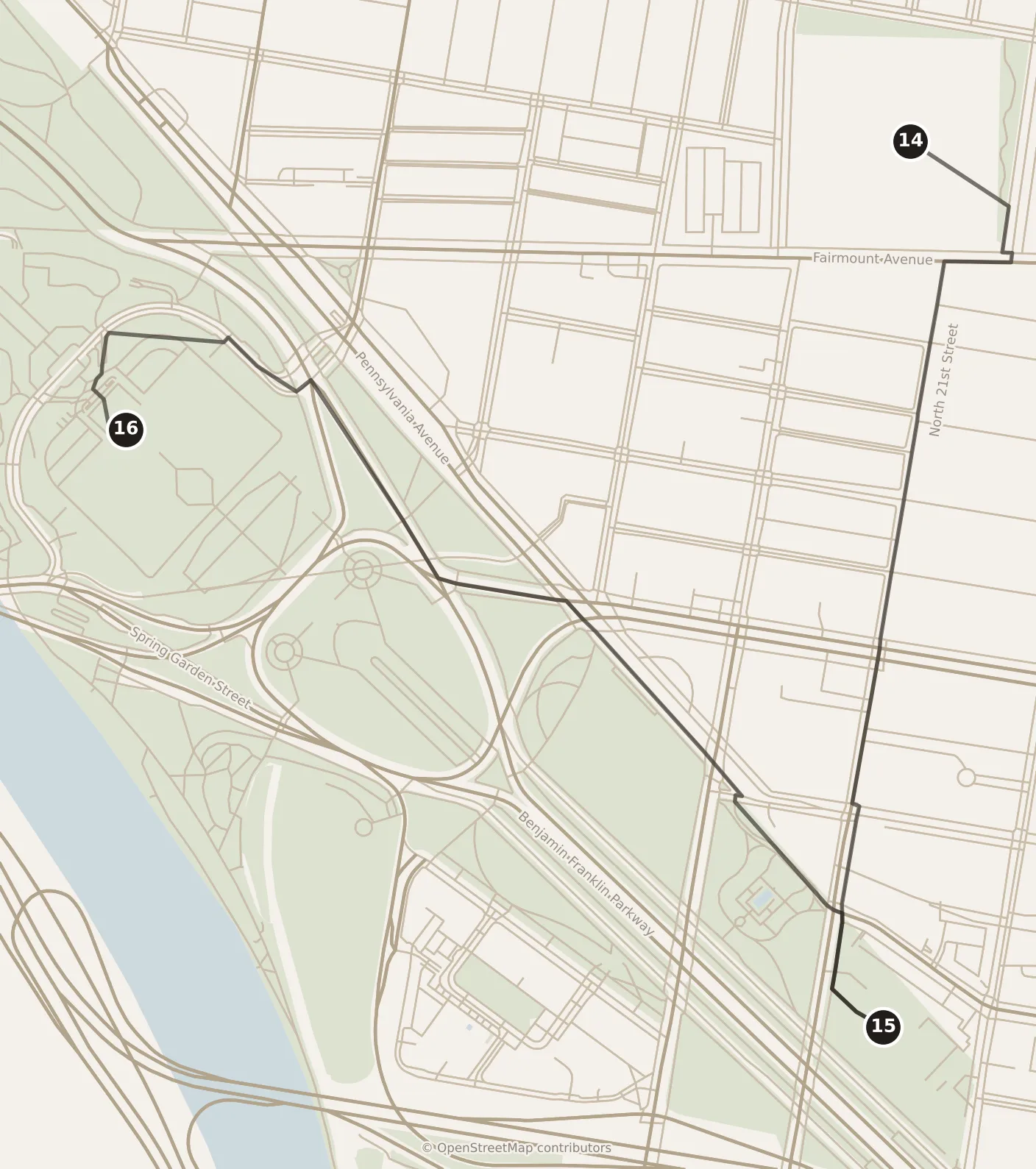 Map of Philadelphia, afternoon and evening: stops 14–16, numbered in walking order.