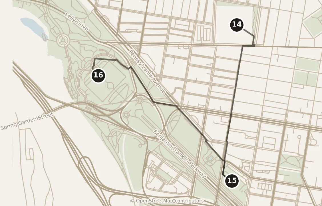 Map of Philadelphia, afternoon and evening: stops 14–16, numbered in walking order.