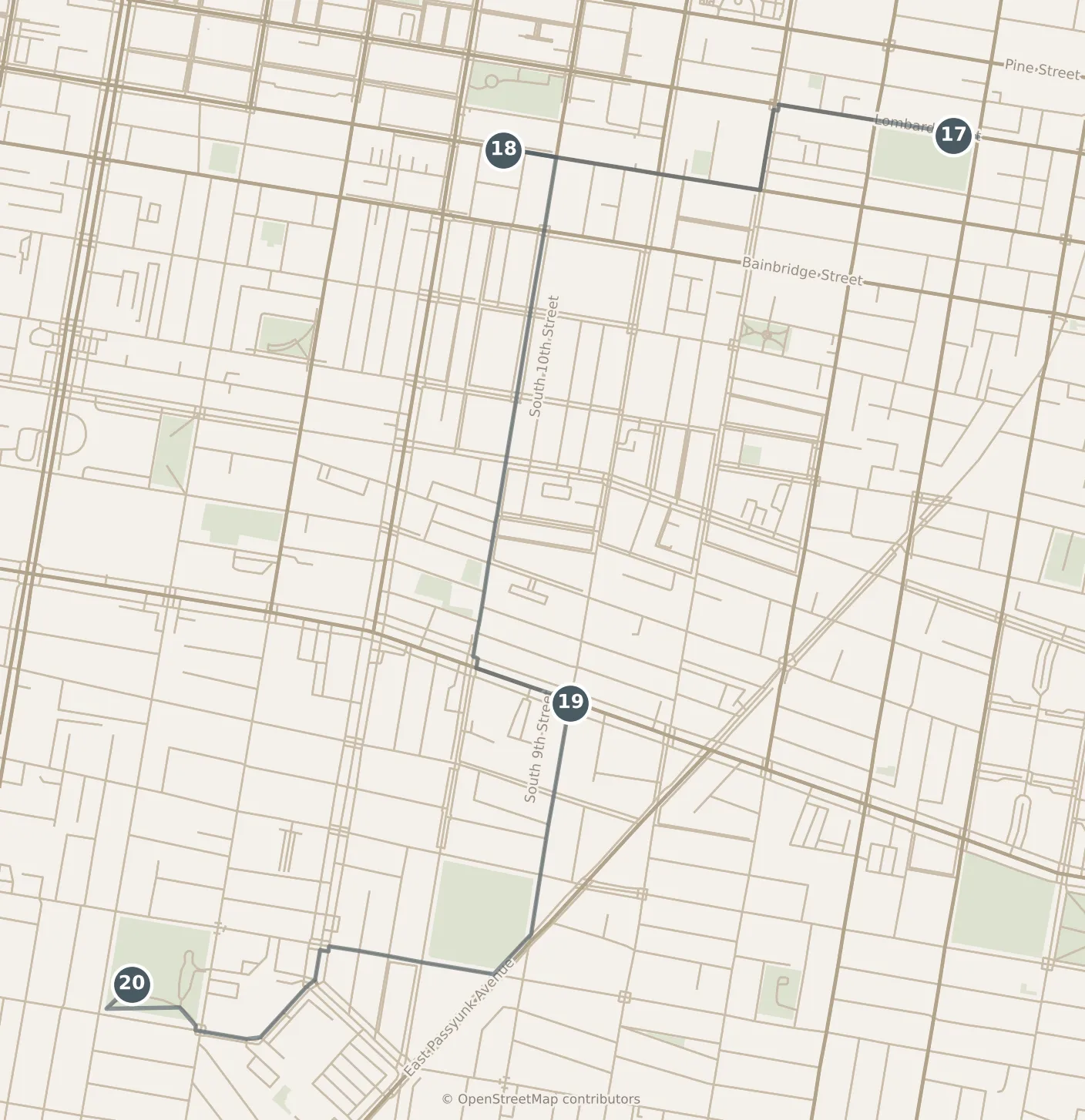 Map of Philadelphia, with a third day: stops 17–20, numbered in walking order.