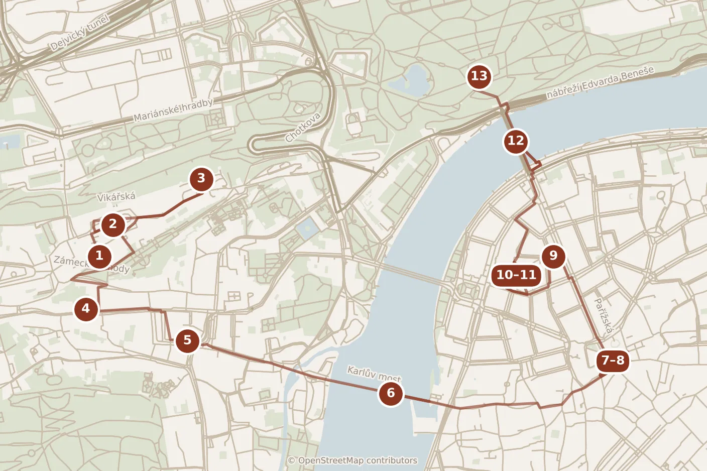 Map of Prague, the day: stops 1–13, numbered in walking order.