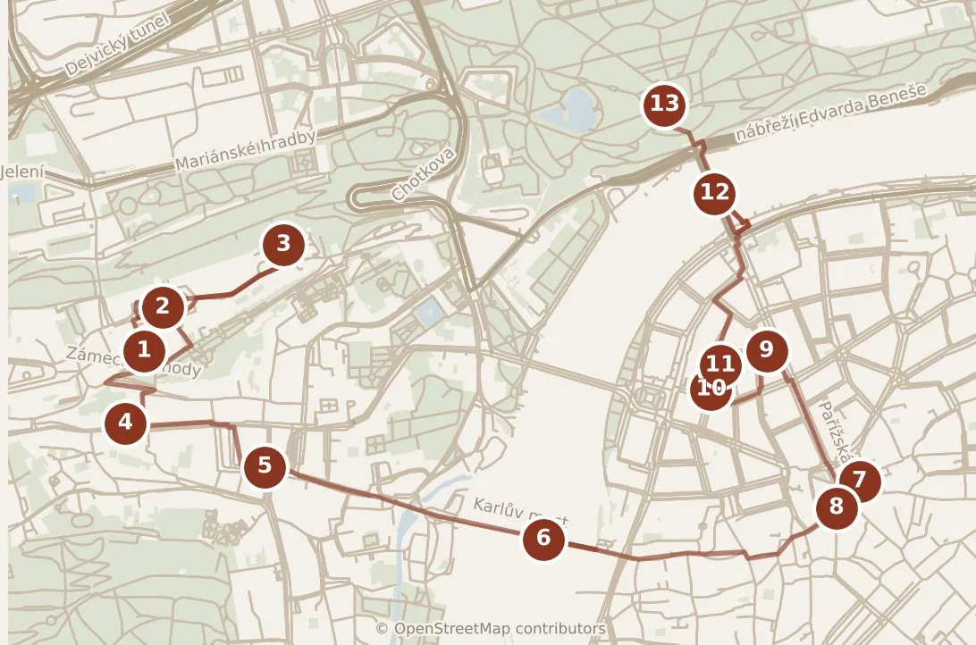 Map of Prague, the day: stops 1–13, numbered in walking order.