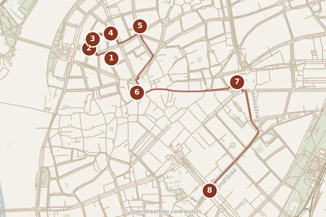 Map of Prague, morning and afternoon: stops 1–8, numbered in walking order.