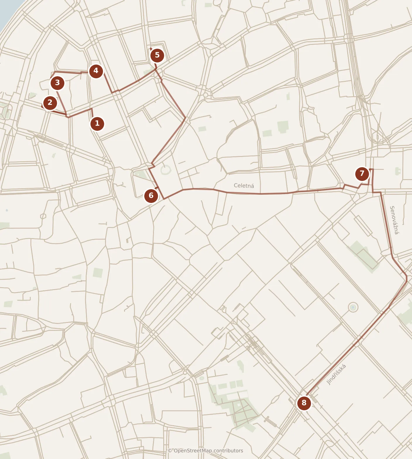 Map of Prague, morning and afternoon: stops 1–8, numbered in walking order.