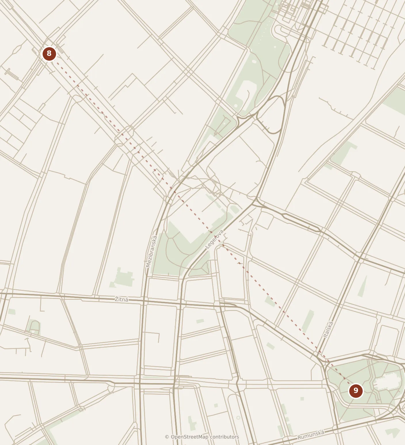 Map of Prague, evening: stop 9, numbered in walking order.