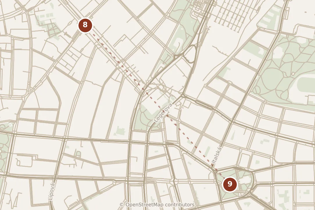 Map of Prague, evening: stop 9, numbered in walking order.